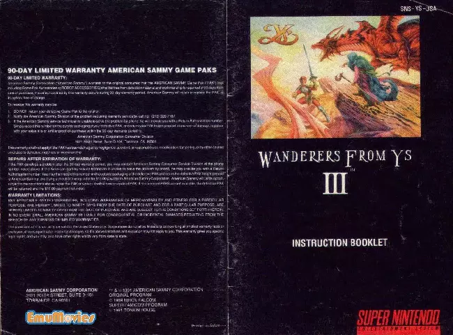 manual for Ys III - Wanderers from Ys